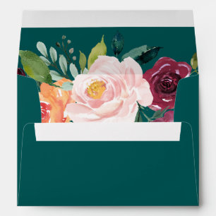 Autumn Floral Teal Addressed Wedding Invitation Envelopes