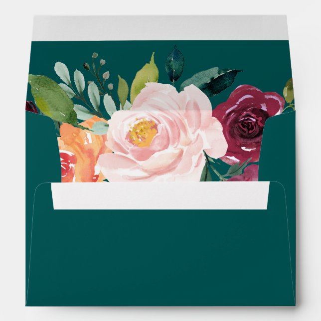 Autumn Floral Teal Addressed Wedding Invitation Envelopes (Back (Bottom))