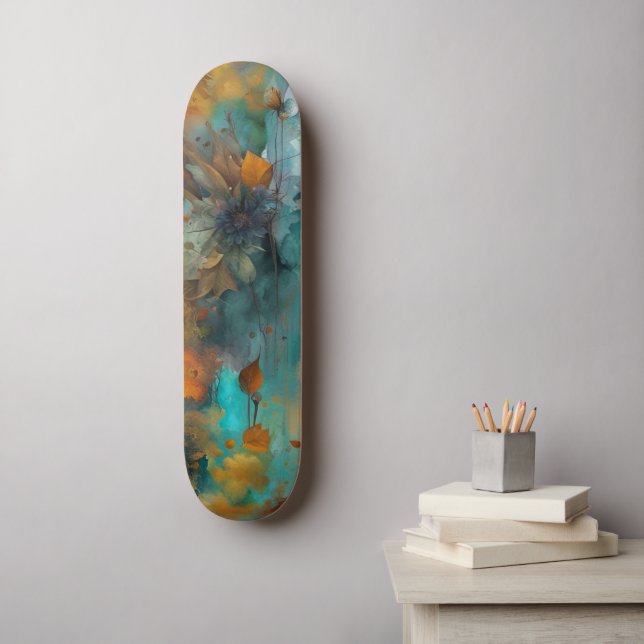 Autumn Floral Teal Rust Gold Abstract Skateboard (Wall Art)