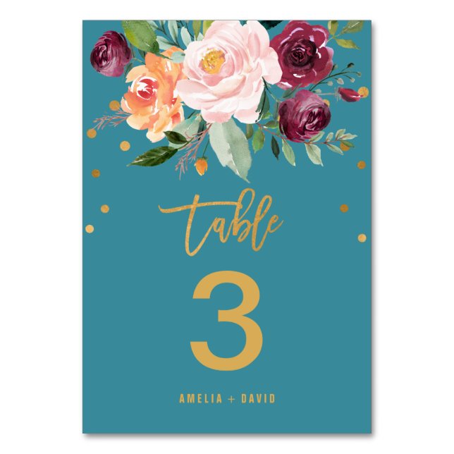 Autumn Floral | Teal Table Number (Front)