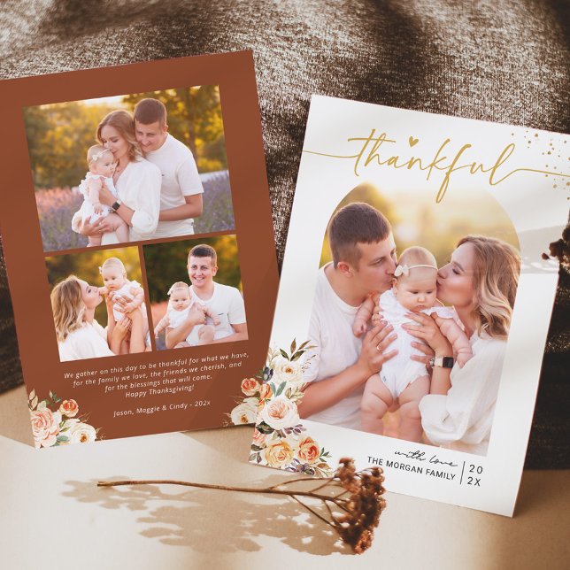 Autumn Floral Terracotta 4 Photos Thanksgiving Holiday Card (Creator Uploaded)