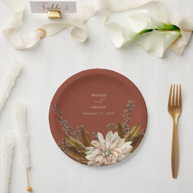 Autumn Floral Terracotta Watercolor Fall Wedding Paper Plate (Wedding)
