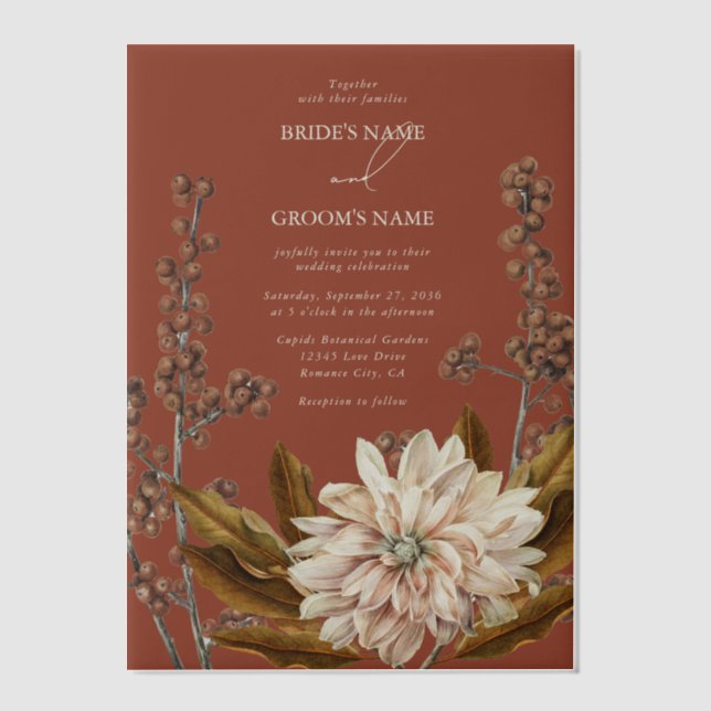 Autumn Floral Terracotta Watercolor Fall Wedding Vellum Invitations (Front)