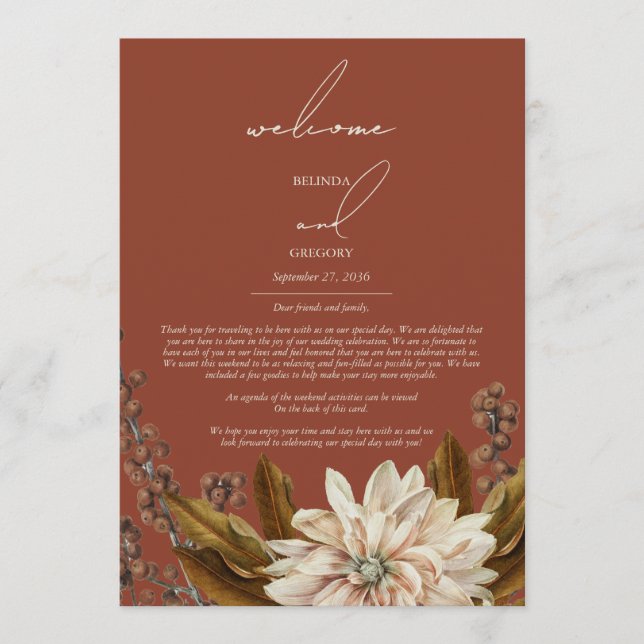 Autumn Floral Terracotta Wedding Itinerary Programme (Front)