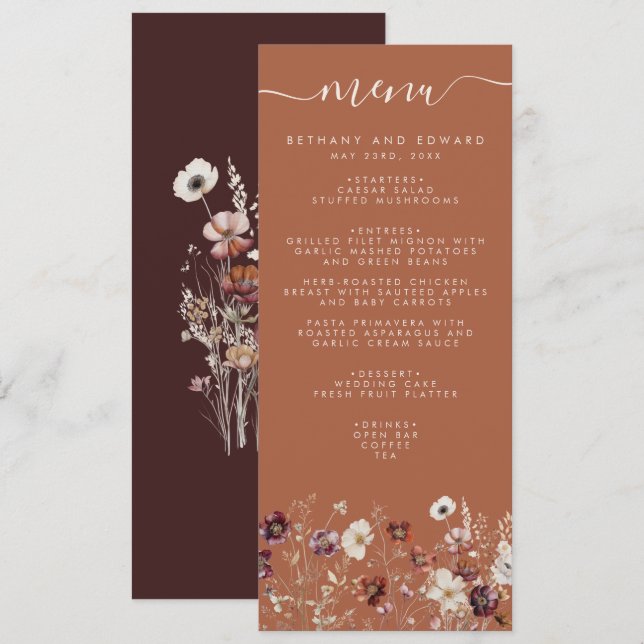 Autumn Floral Terracotta Wedding Menu (Front/Back)