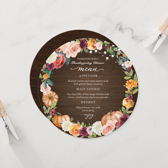 Autumn Floral Thanksgiving Dinner Circle Menu Card (Front/Back In Situ)