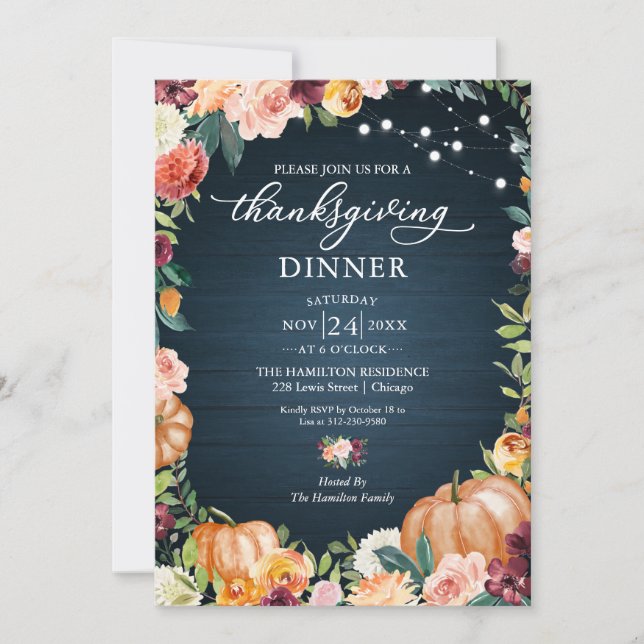 Autumn Floral Thanksgiving Dinner Invitation (Front)