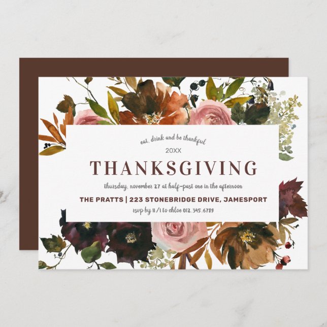 Autumn Floral Thanksgiving Dinner Invitation (Front/Back)