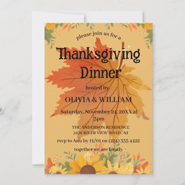 Autumn Floral Thanksgiving Dinner  Invitation (Front)