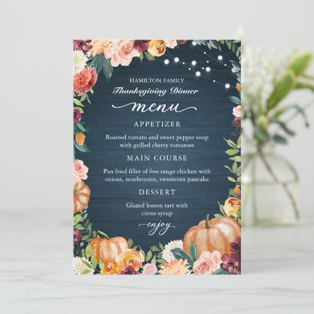 Autumn Floral Thanksgiving Dinner Menu Card (Standing Front)