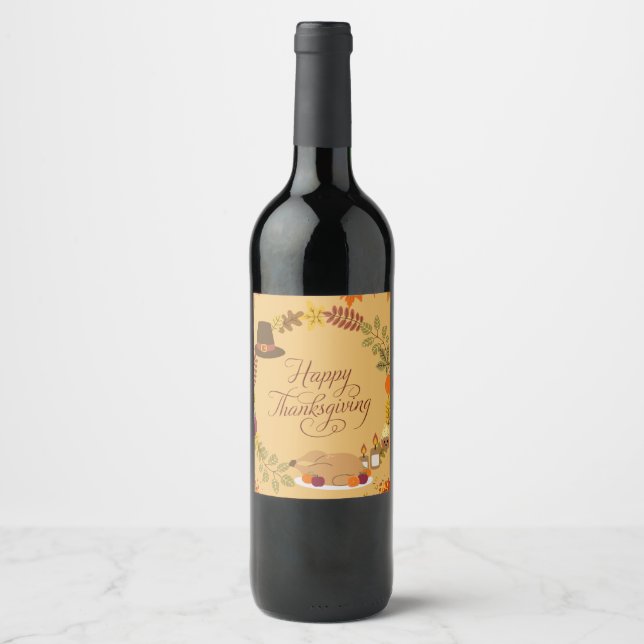 Autumn Floral Thanksgiving Dinner Wine Label (Front)