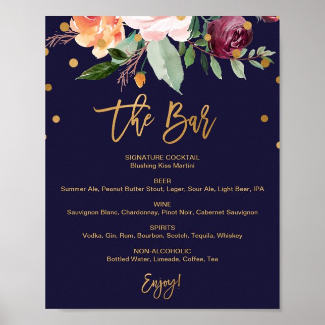 Autumn Floral The Bar Wedding Menu Sign (Front)