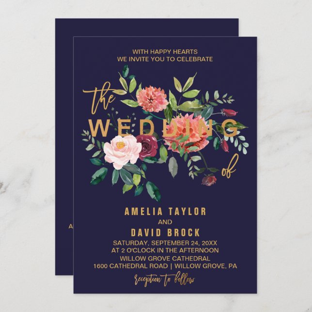 Autumn Floral Typography | Details on Back Wedding Invitation (Front/Back)