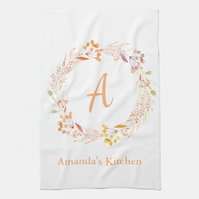 Autumn Floral Watercolor Boho Personalised Name Tea Towel (Vertical)
