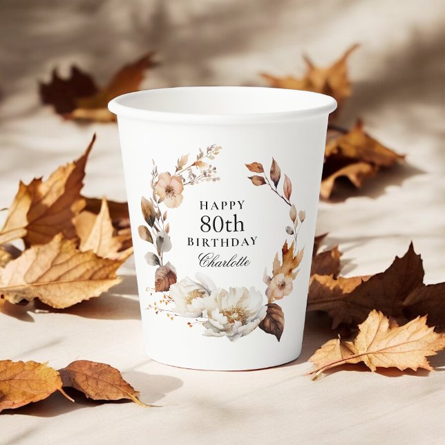 Autumn Floral Watercolor Botanical 80th Birthday Paper Cups (Creator Uploaded)
