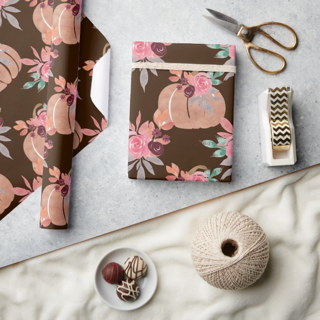 Autumn Floral Watercolor Pumpkin Baby Shower  Wrapping Paper (Crafts)