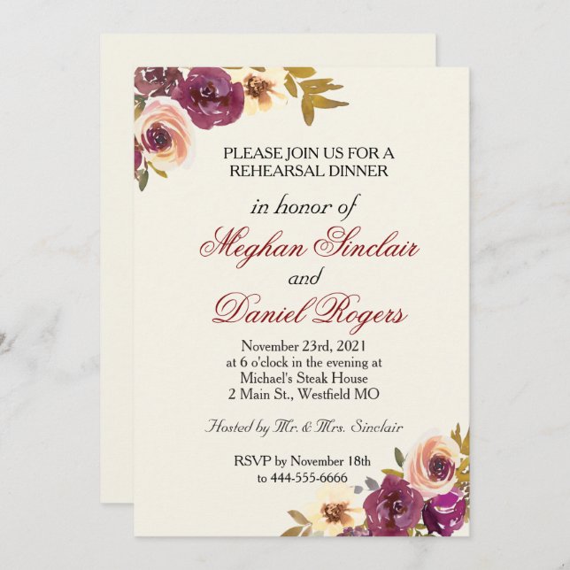 Autumn Floral Watercolor Rehearsal Dinner Invite (Front/Back)