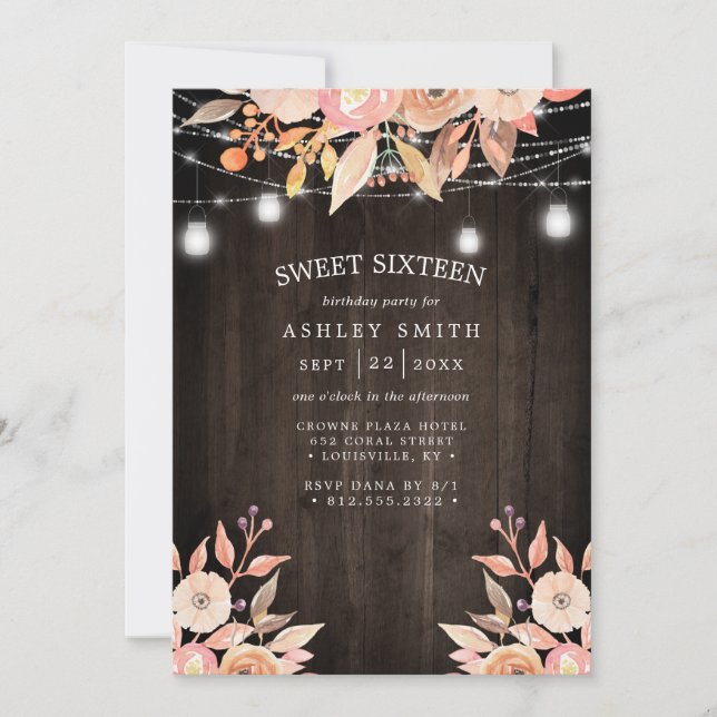 Autumn Floral Watercolor String Lights Sweet 16 Invitation (Front)