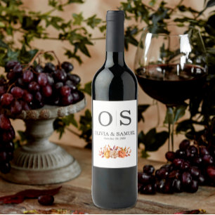 Autumn Floral Wedding Monogram Personalise Bottle Wine Label