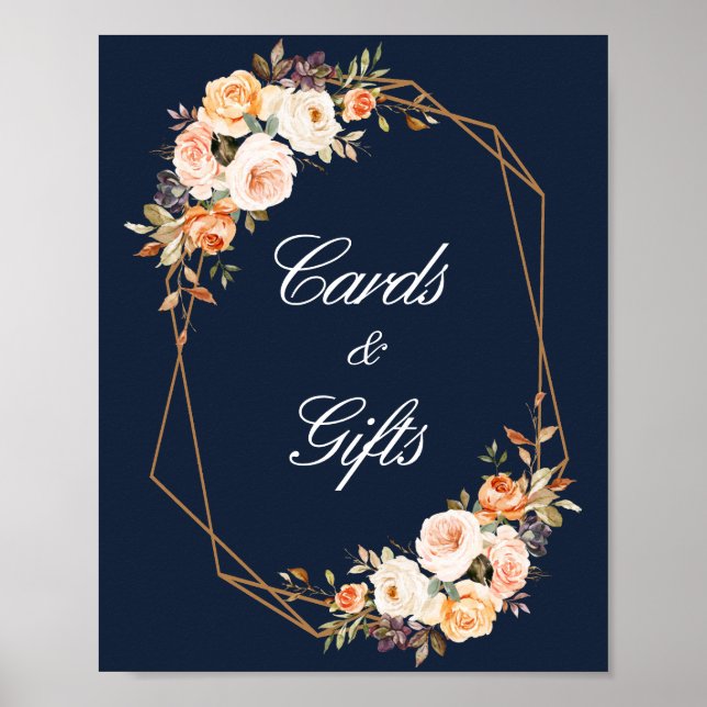 autumn floral wedding navy blue cards & gifts sign (Front)