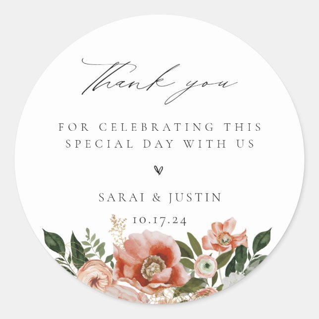 Autumn Floral Wedding Thank You Classic Round Sticker (Front)