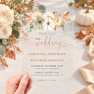 Autumn Floral White Pumpkin Rustic Fall Wedding Acrylic Invitations