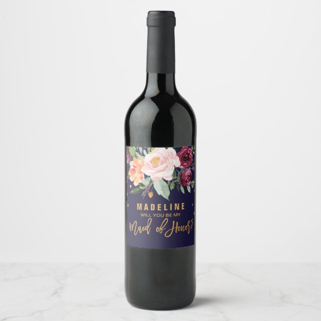 Autumn Floral Will You Be My Maid of Honour Wine Label (Front)