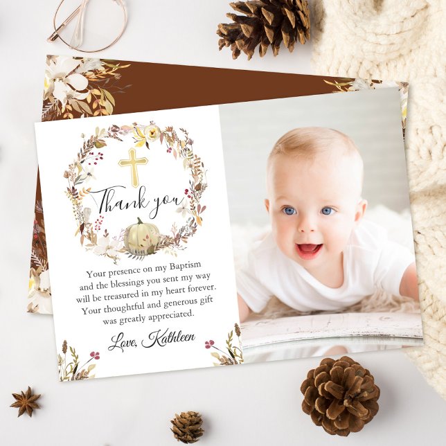 Autumn Floral Wreath Baptism Photo Thank you Card (Creator Uploaded)