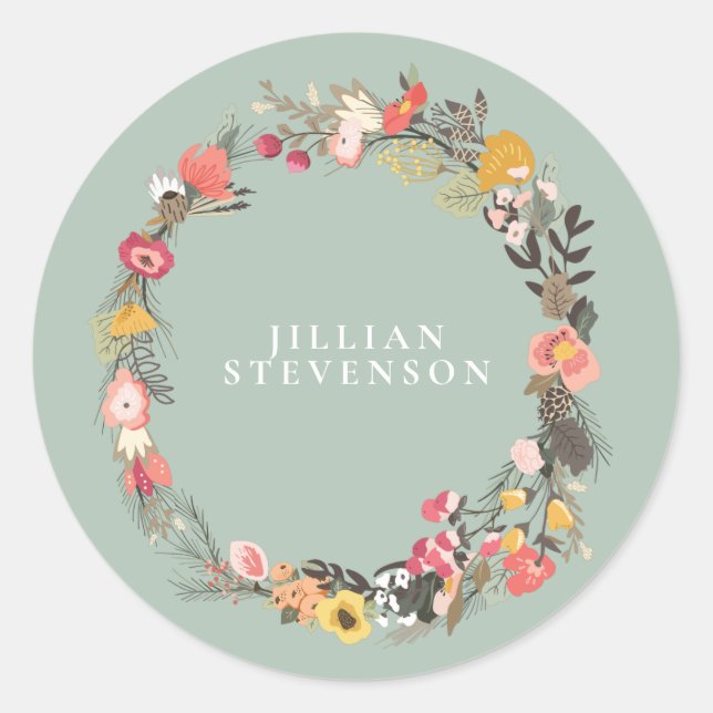 Autumn Floral Wreath on Sage Green with Name Classic Round Sticker (Front)