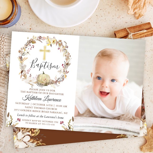 Autumn Floral Wreath Pumpkin Fall Baptism Photo Invitation (Creator Uploaded)