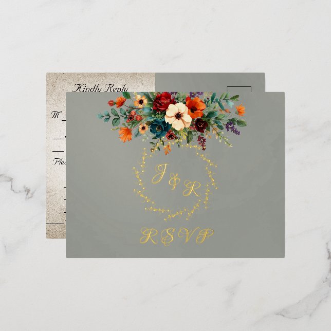 Autumn Floral & Wreath RSVP - Sage Foil Invitation Postcard (Front/Back)