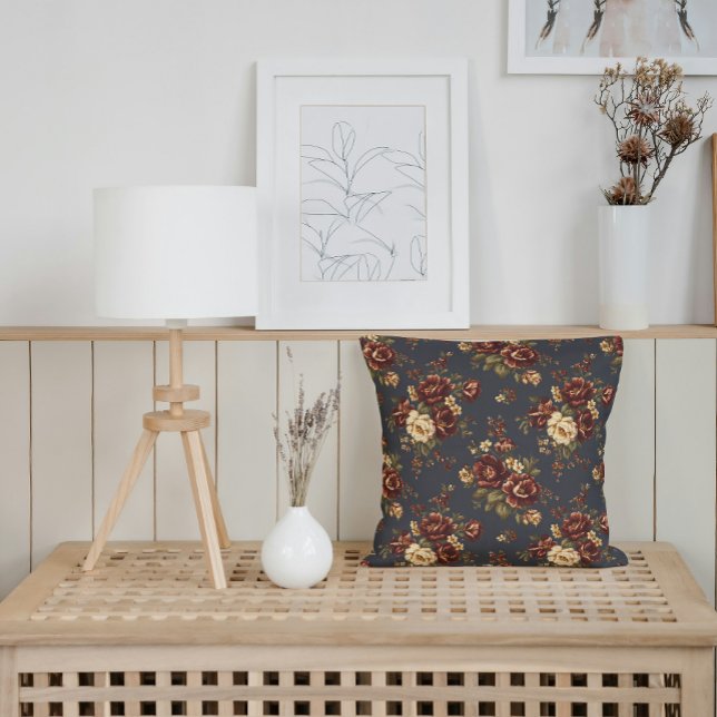 Autumn Florals in Deep Burgundy and Warm Cream  Cushion (Classic farmhouse look with warm, inviting fall floral accents.)