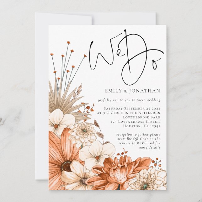 Autumn Florals We Do Script QR Code Wedding Invitation (Front)