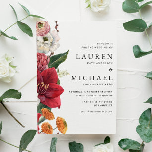 Autumn Florals with Red Amaryllis QR Code Wedding Invitation