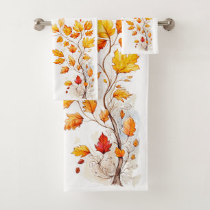 Autumn Flourish – Watercolor Leaf Branches  Bath Towel Set
