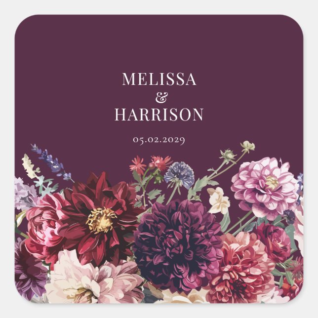Autumn Flower Dahlia Bunch Fall Wedding Florals Square Sticker (Front)