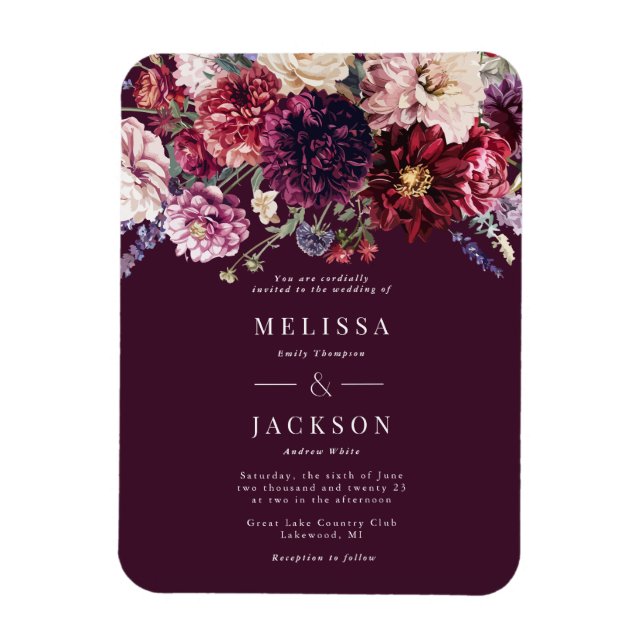 Autumn Flower Dahlia Wedding Invitation Burgundy Magnet (Vertical)