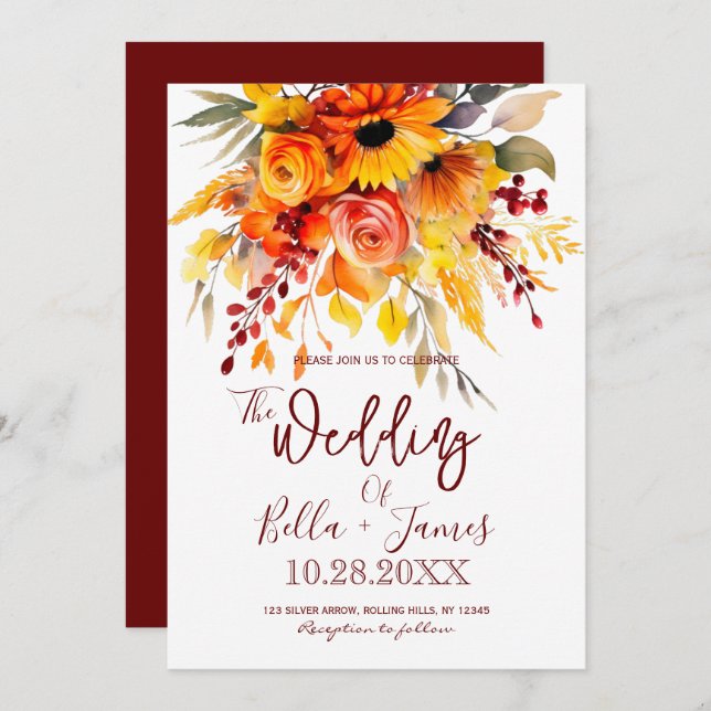 Autumn Flower Foilage Wedding Invitation (Front/Back)