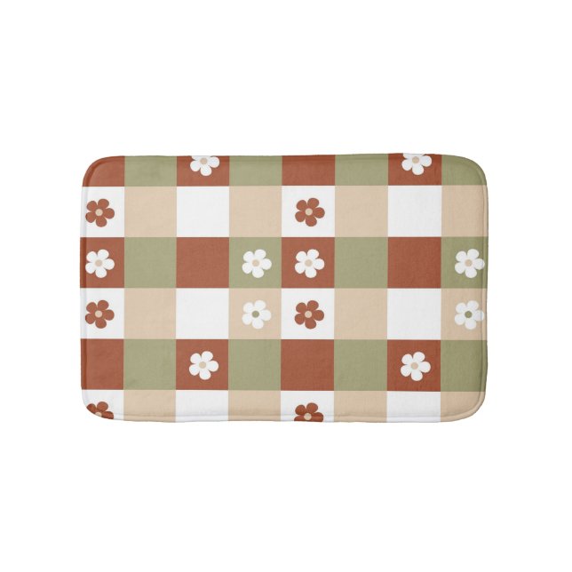 Autumn Flower Gingham Check Pattern Bath Mat (Front)
