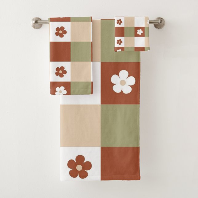 Autumn Flower Gingham Check Pattern Bath Towel Set (Insitu)