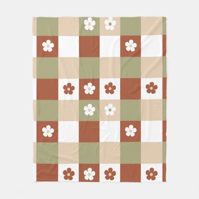Autumn Flower Gingham Check Pattern Fleece Blanket (Front)