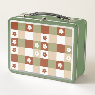 Autumn Flower Gingham Check Pattern Metal Lunch Box