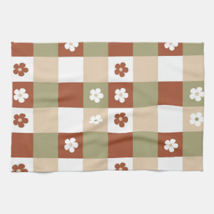 Autumn Flower Gingham Check Pattern Tea Towel