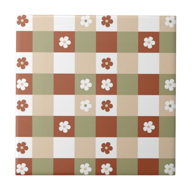 Autumn Flower Gingham Check Pattern Tile (Front)