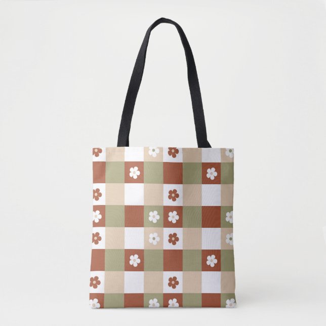 Autumn Flower Gingham Check Pattern Tote Bag (Front)