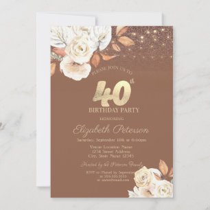 Autumn Flower Glitter Terracotta 40th Birthday Invitation