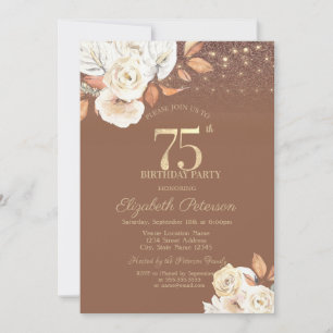 Autumn Flower Glitter Terracotta 75th Birthday Invitation