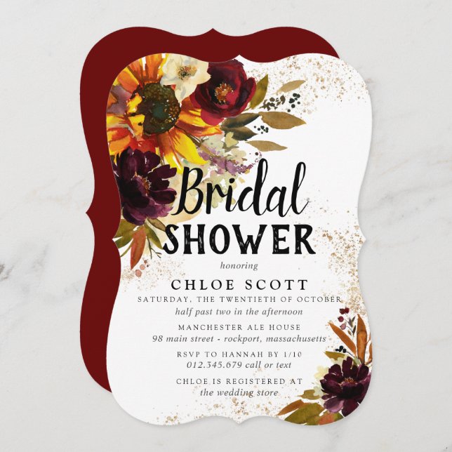 Autumn Flowers and Gold Bridal Shower Invitation (Front/Back)