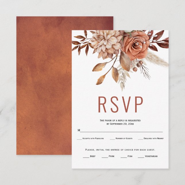 Autumn flowers and leaves terracotta fall wedding RSVP card (Front/Back)