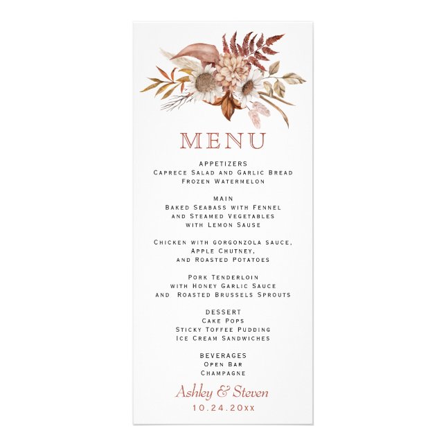 Autumn flowers and leaves wedding menu card (Front)